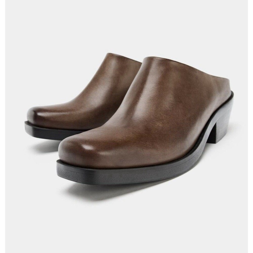 Zara Distressed Leather Clogs Dark Tan Mule Square Toe Low Block Heel NWT 39 8